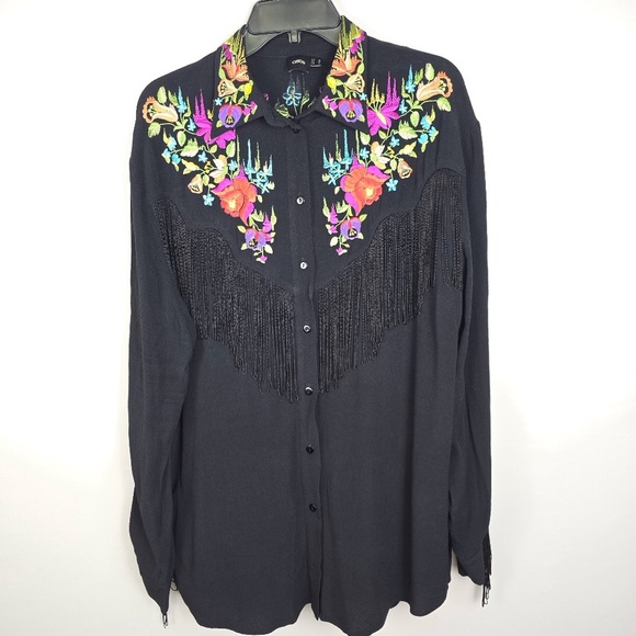 ASOS Women's Size 6 Black Western Floral Embroidered & Fringe Button Shirt - Picture 1 of 13